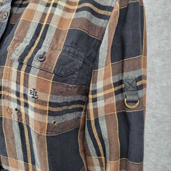 Lauren Ralph Lauren Vintage Linen Black Tan Plaid Western Women's Medium - Picture 7 of 12